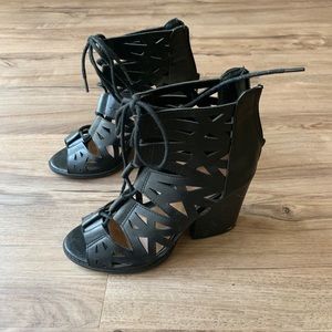 Black strappy open toe booties